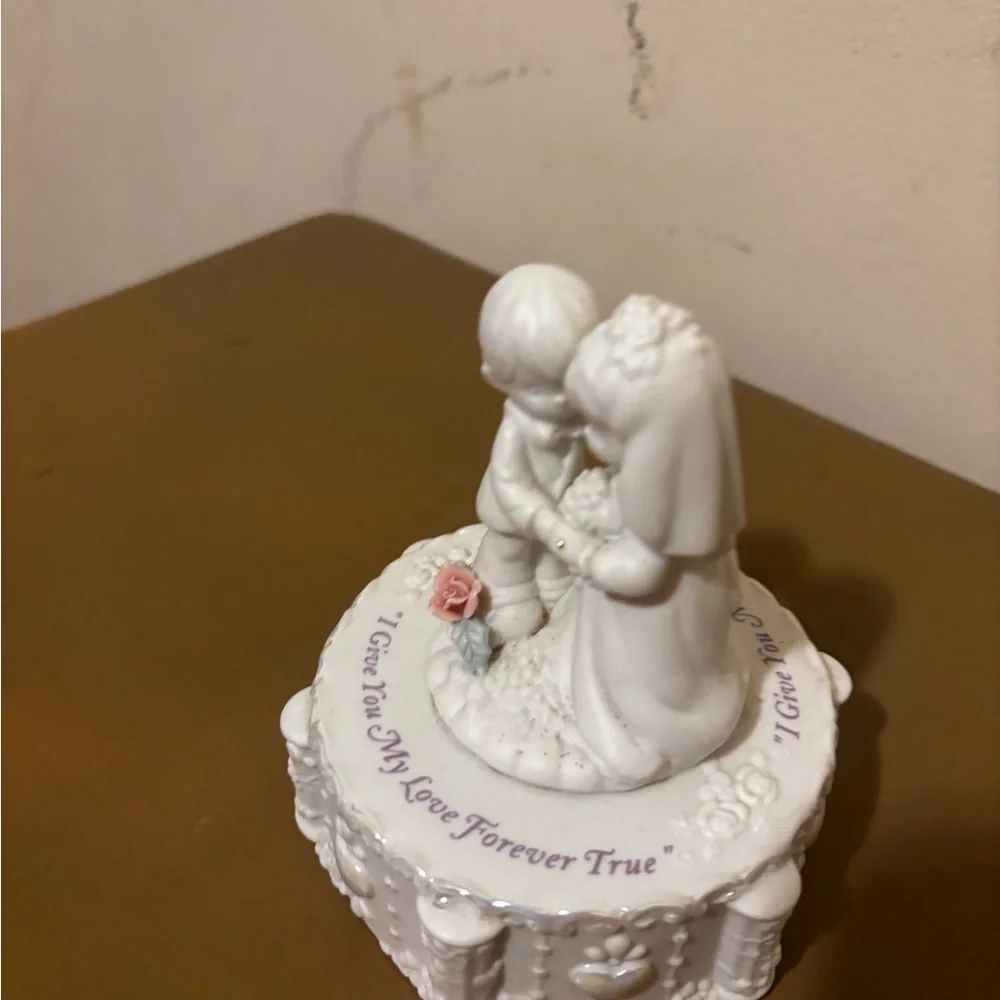 Precious Moments White Wedding Cake Topper with Pink Rose Accent